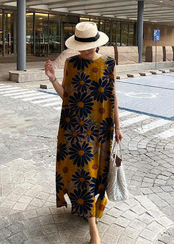 TrendAura Bohemian Linen Cotton Dress Womens Breathable Loose Fit With Round Neck And Side Slit