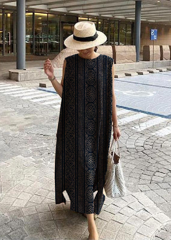 TrendAura Bohemian Linen Cotton Dress Womens Breathable Loose Fit With Round Neck And Side Slit
