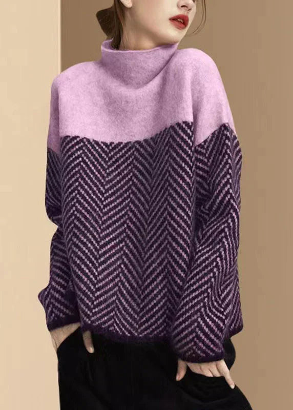 Women’s Turtleneck Sweater – Relaxed Fit – Wool Knit – Herringbone Pattern – Ribbed Hem
