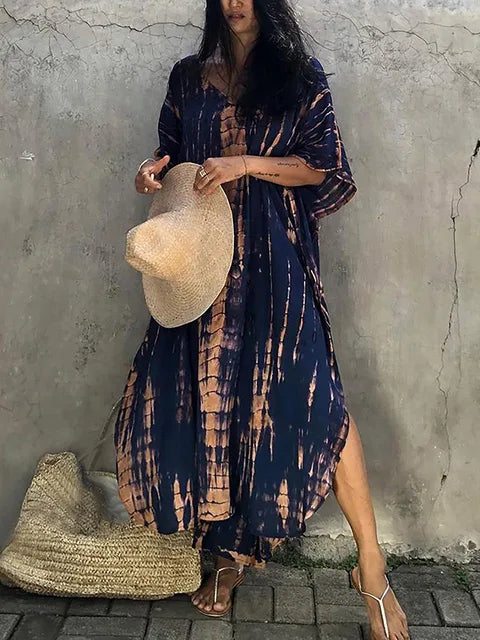 Caftan dress for women - loose fit - V-neck Tie-Dye bohemian style