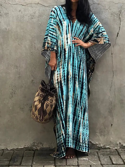 Caftan dress for women - loose fit - V-neck Tie-Dye bohemian style