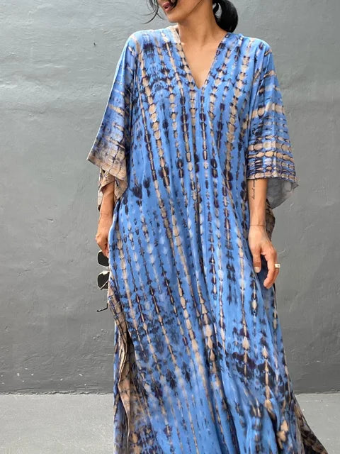 Caftan dress for women - loose fit - V-neck Tie-Dye bohemian style