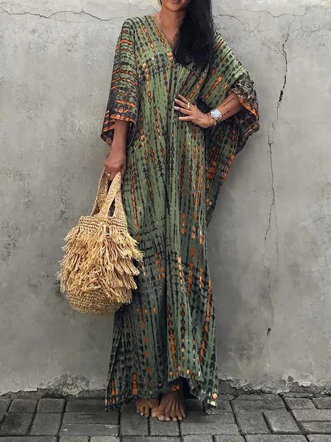 Caftan dress for women - loose fit - V-neck Tie-Dye bohemian style