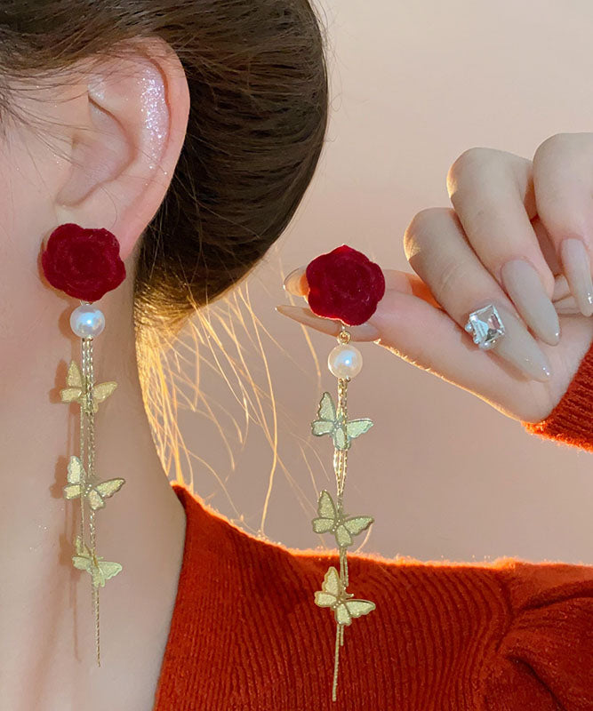 Boucles d'oreilles pendantes à pampilles et papillons en velours et perles, en cuivre rouge surdoré, nouveauté 2025 - TrendAura