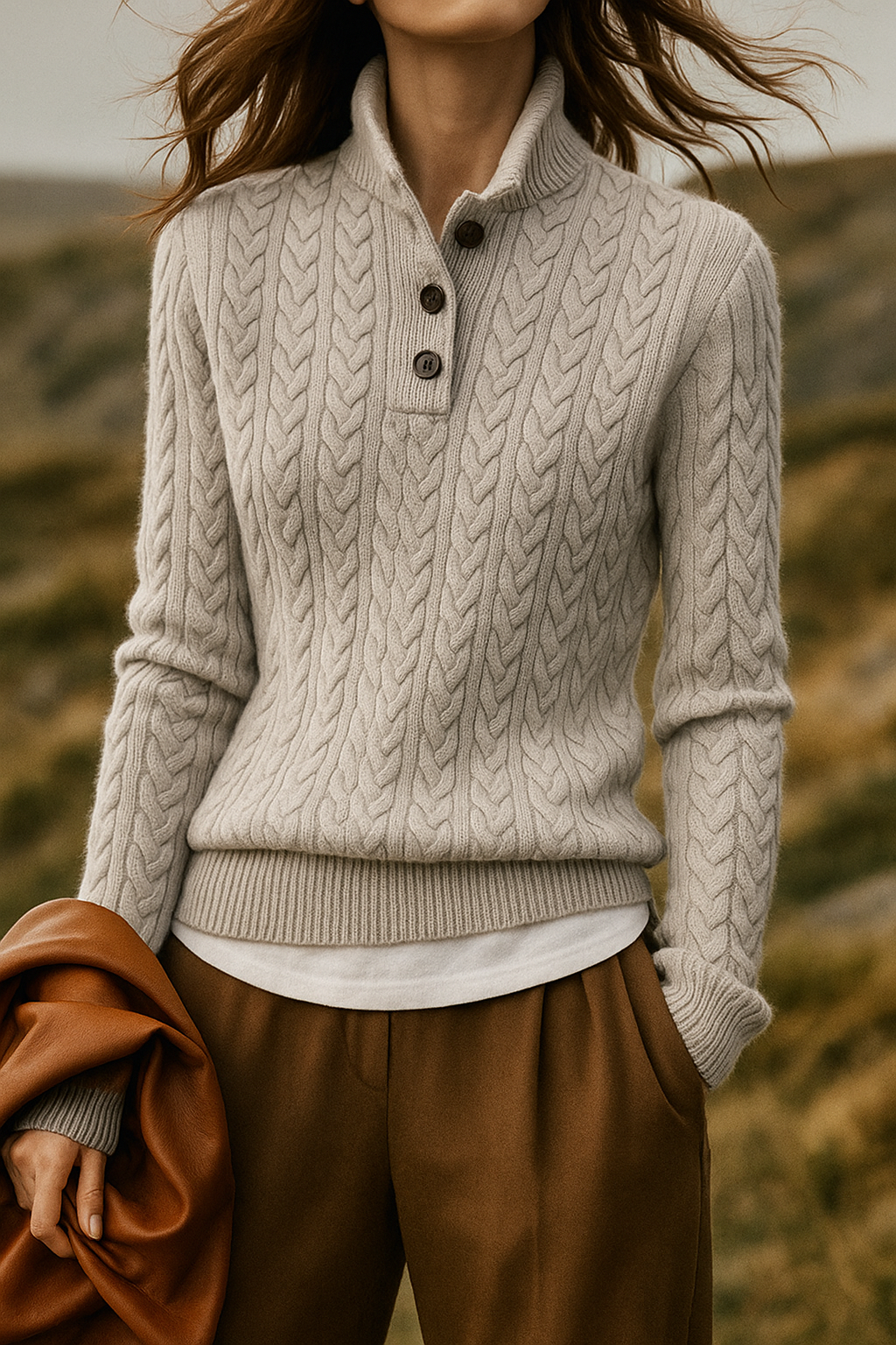 Women’s Sweater - Soft Knit - Funnel Neck - Cable Knit Pattern