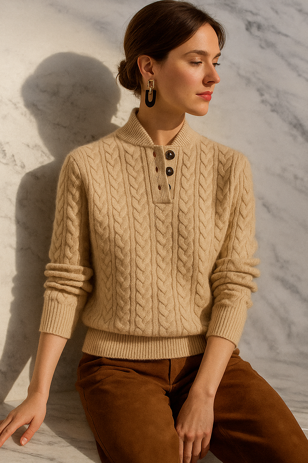 Women’s Sweater - Soft Knit - Funnel Neck - Cable Knit Pattern