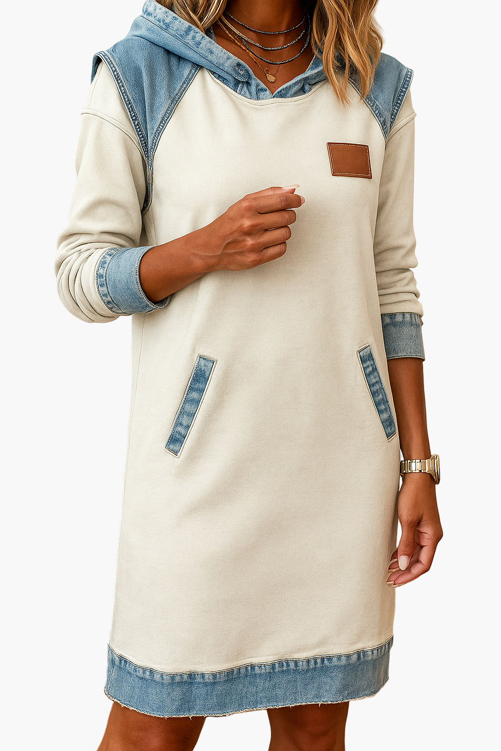 Women's hoodie dress in casual style with denim details – perfect for everyday & leisure