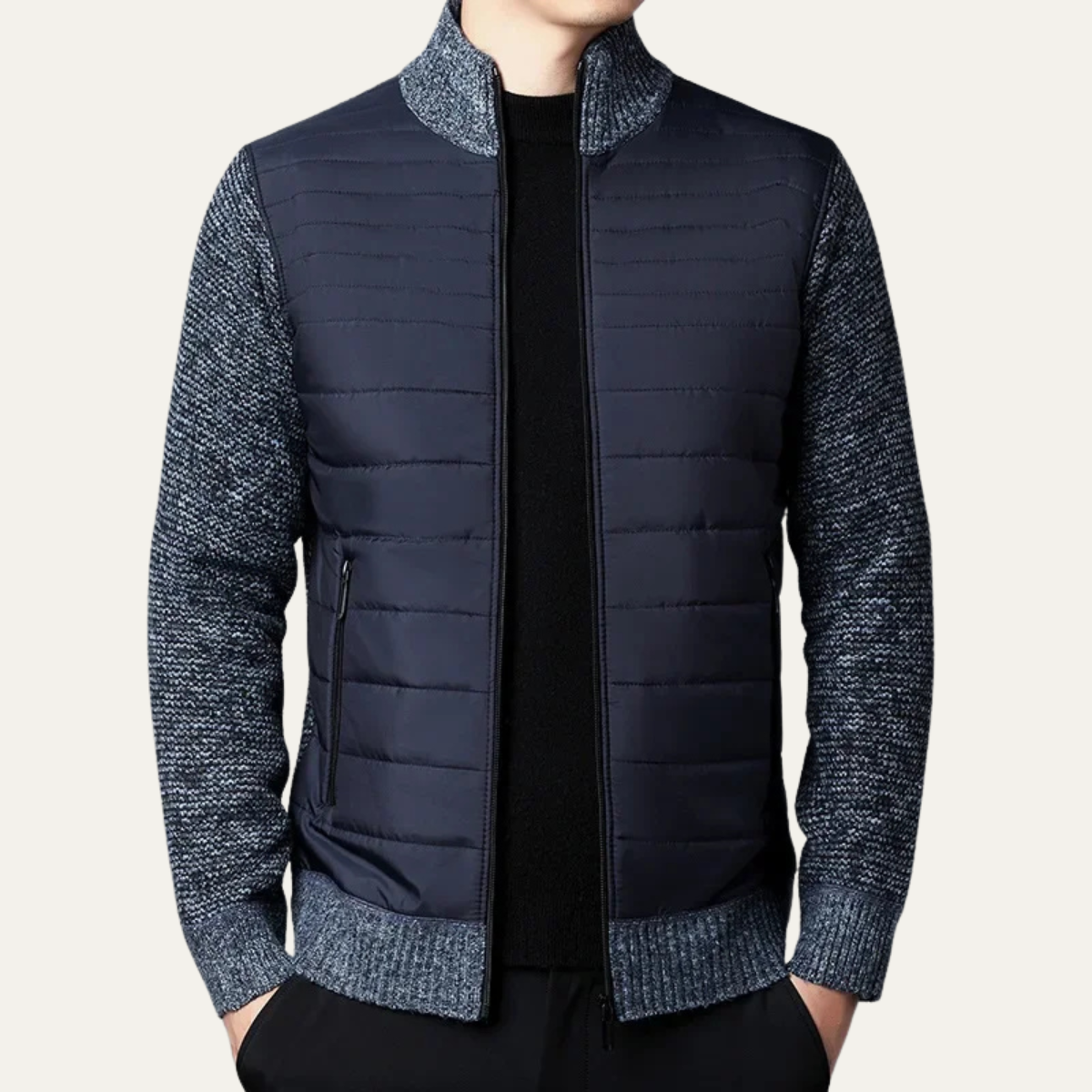Mens Quilted Zip Up Cardigan With Padded Front And Knitted Sleeves For Versatile Everyday Wear