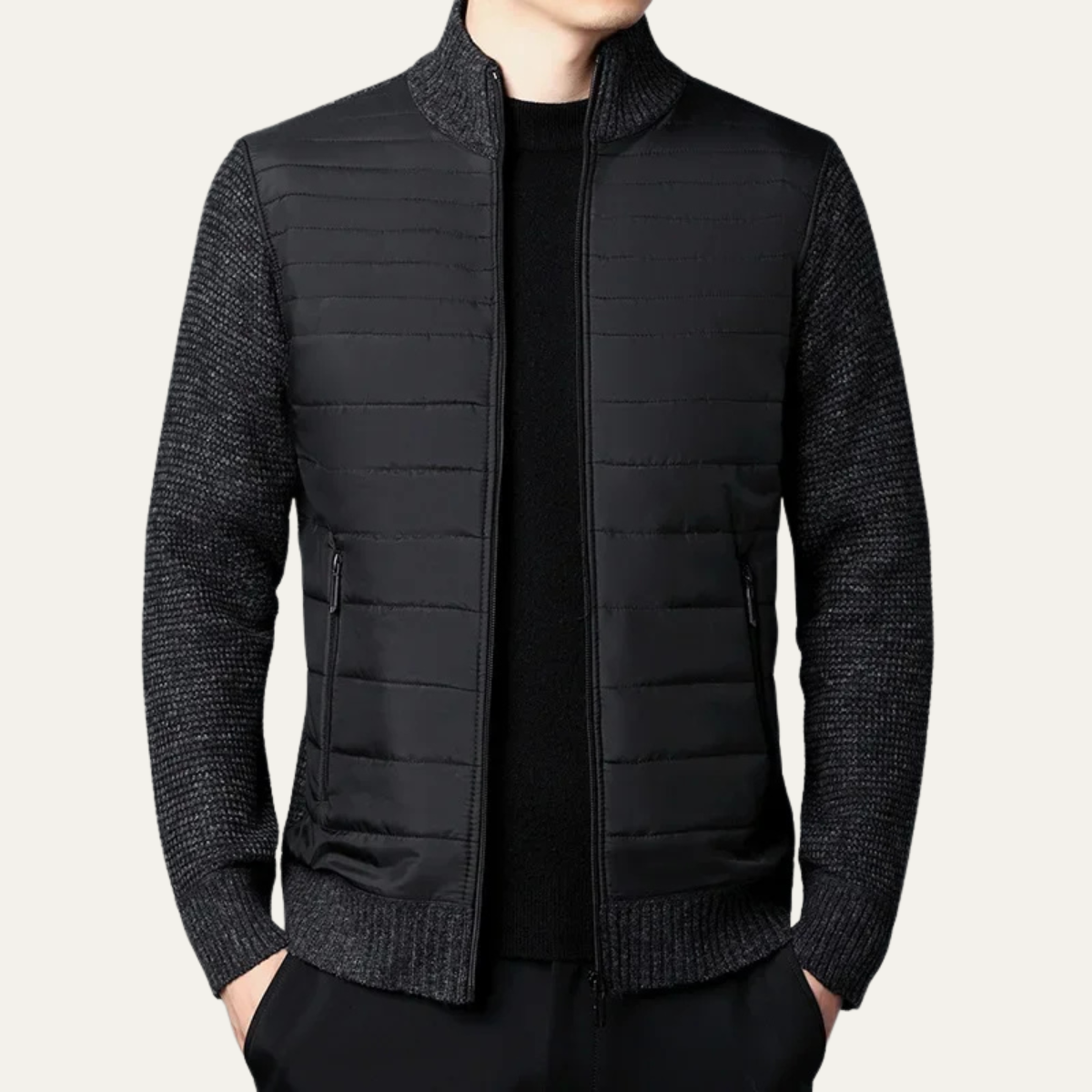 Mens Quilted Zip Up Cardigan With Padded Front And Knitted Sleeves For Versatile Everyday Wear
