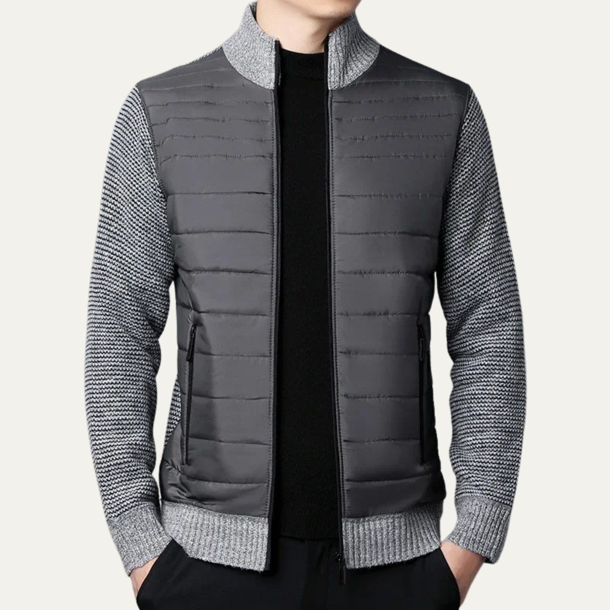 Mens Quilted Zip Up Cardigan With Padded Front And Knitted Sleeves For Versatile Everyday Wear