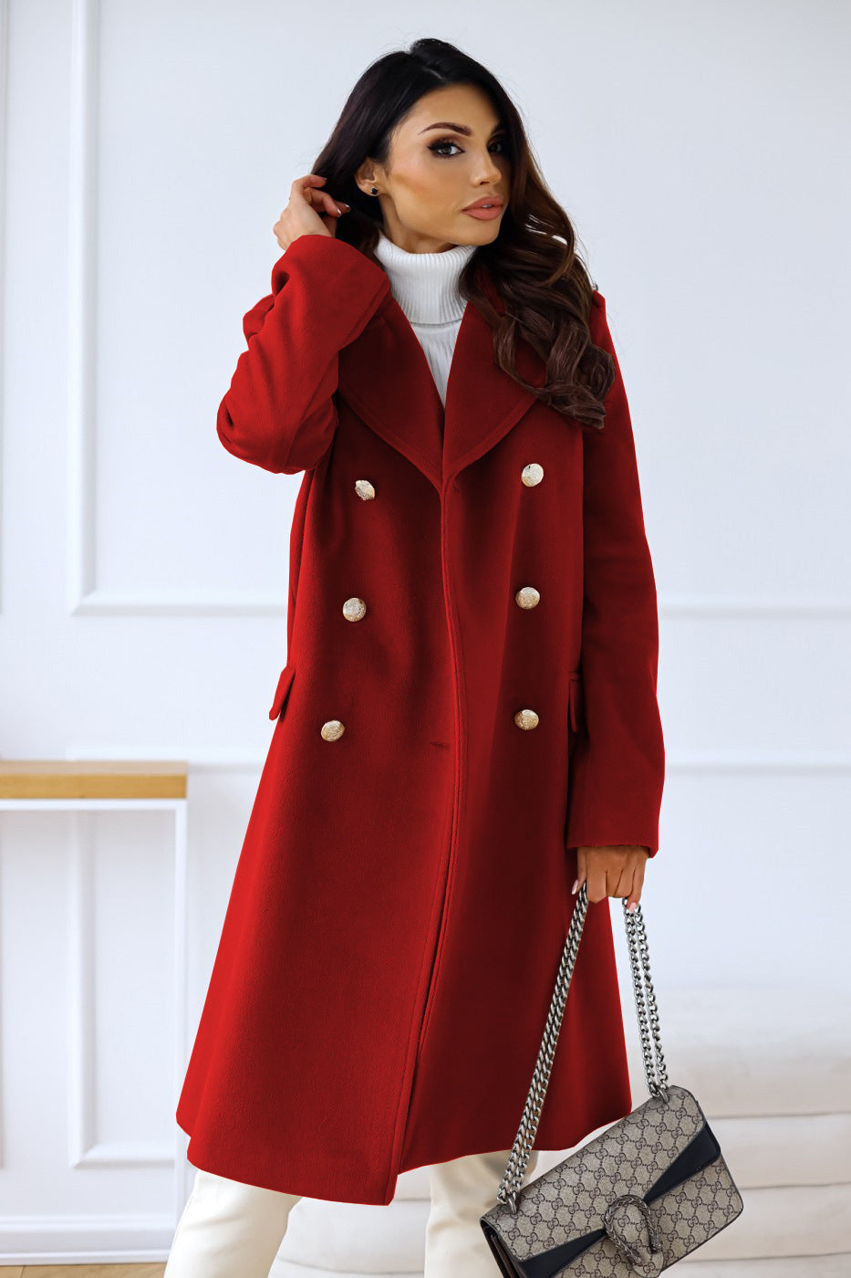Women’s Long Coat – Wool Blend – Relaxed Fit – Double-Breasted – Broad Lapels