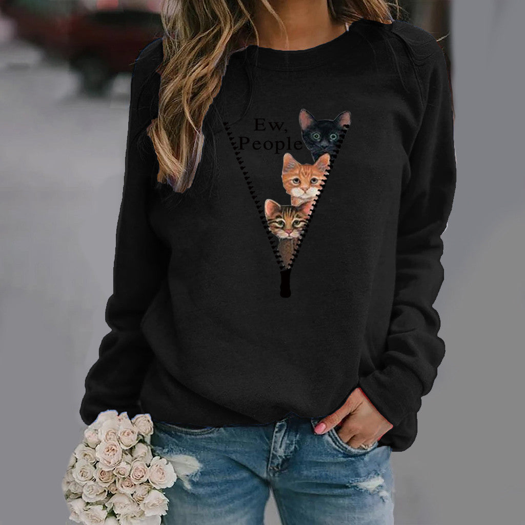 Women’s Crew Neck Sweatshirt – Relaxed Fit – Cat Graphic – Soft Cotton Blend