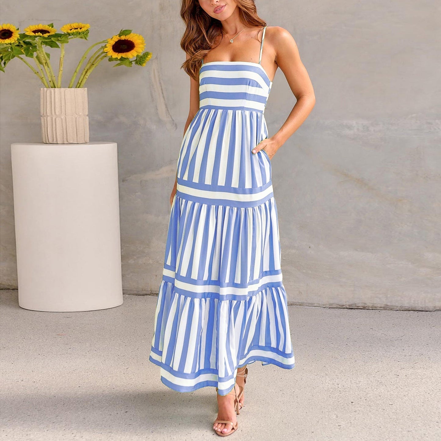 Solene Striped Lightweight Strap Dress For Women With Square Neck And Backless Design