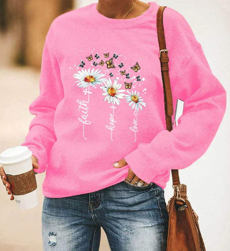 Women’s Sweatshirt – Relaxed Fit – Cotton Blend – Crewneck Long Sleeve with Print