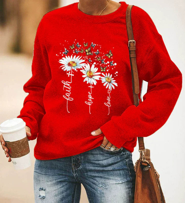 Women’s Sweatshirt – Relaxed Fit – Cotton Blend – Crewneck Long Sleeve with Print