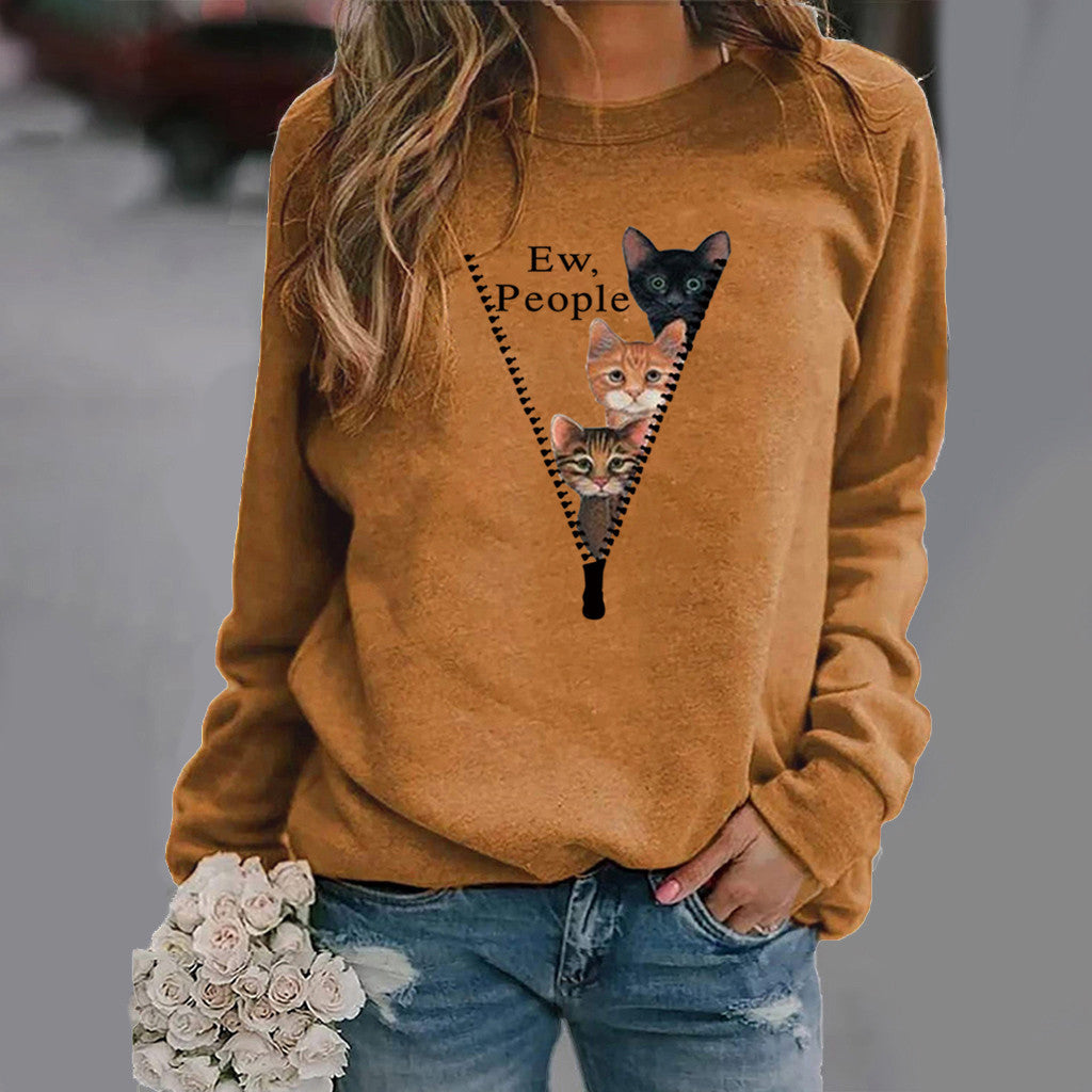 Women’s Crew Neck Sweatshirt – Relaxed Fit – Cat Graphic – Soft Cotton Blend