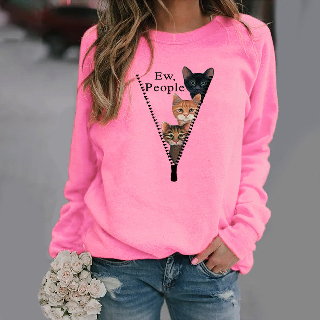 Women’s Crew Neck Sweatshirt – Relaxed Fit – Cat Graphic – Soft Cotton Blend