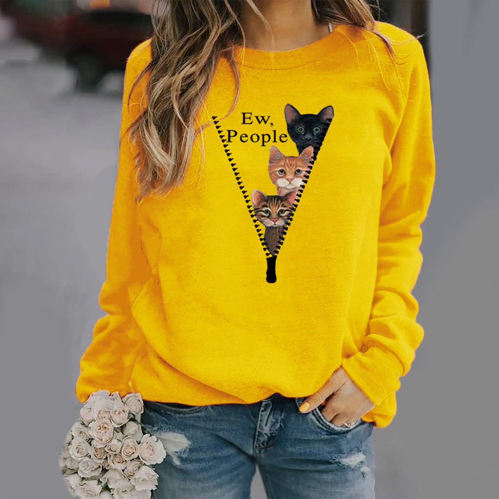 Women’s Crew Neck Sweatshirt – Relaxed Fit – Cat Graphic – Soft Cotton Blend