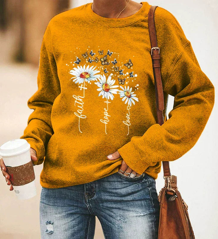 Women’s Sweatshirt – Relaxed Fit – Cotton Blend – Crewneck Long Sleeve with Print