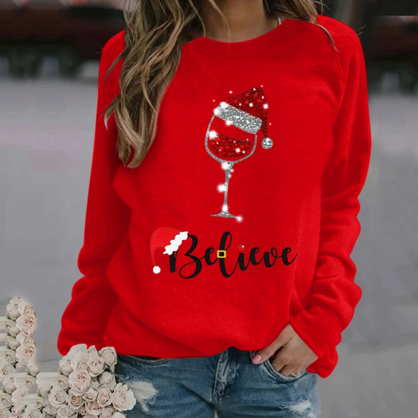 Women’s Sweatshirt – Relaxed Fit – Cotton Blend – Crew Neck – Festive Graphic Print