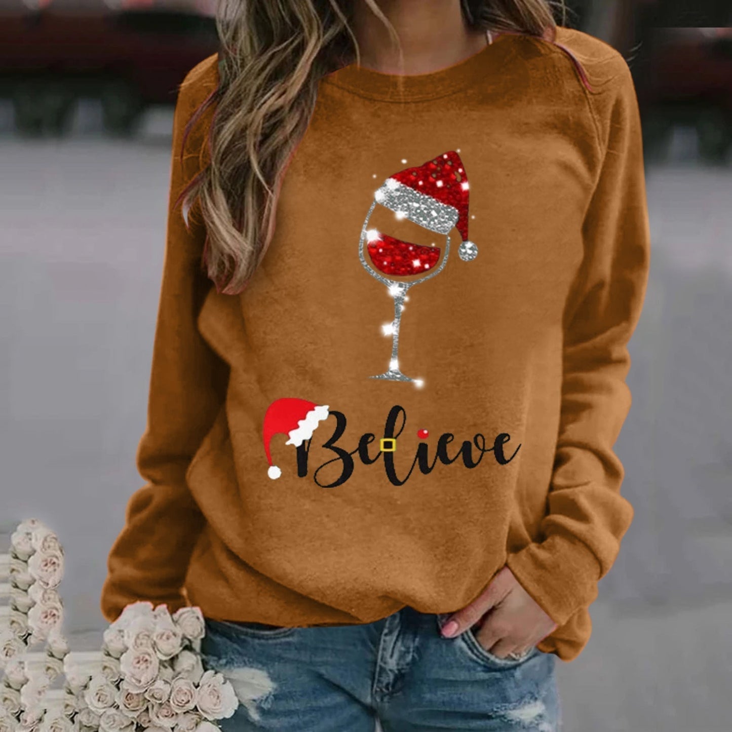 Women’s Sweatshirt – Relaxed Fit – Cotton Blend – Crew Neck – Festive Graphic Print