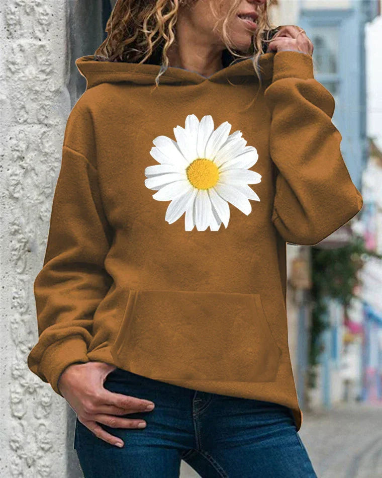 Women’s Hooded Sweatshirt – Relaxed Fit – Soft Fleece – Daisy Print – Kangaroo Pocket
