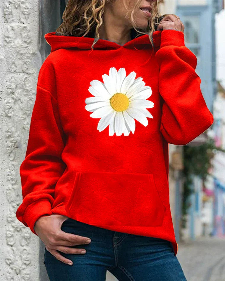 Women’s Hooded Sweatshirt – Relaxed Fit – Soft Fleece – Daisy Print – Kangaroo Pocket