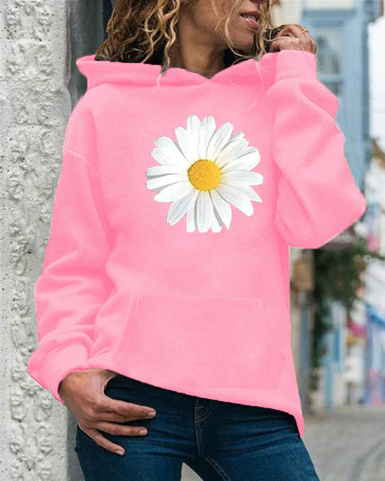 Women’s Hooded Sweatshirt – Relaxed Fit – Soft Fleece – Daisy Print – Kangaroo Pocket
