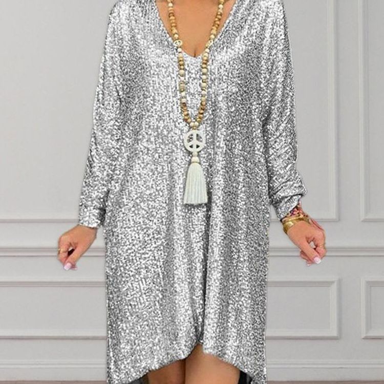 Lauren Sequin Sweater Dress For Women Casual Solid Color Loose Fit With V Neck Chic And Versatile