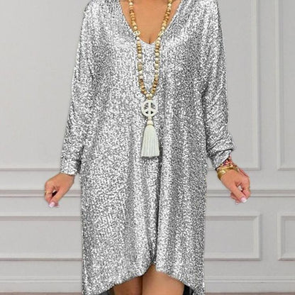 Lauren Sequin Sweater Dress For Women Casual Solid Color Loose Fit With V Neck Chic And Versatile