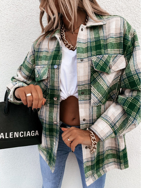 Women’s Shirt Jacket – Oversized Fit – Flannel – Checked Pattern – Button Front – Casual Layer