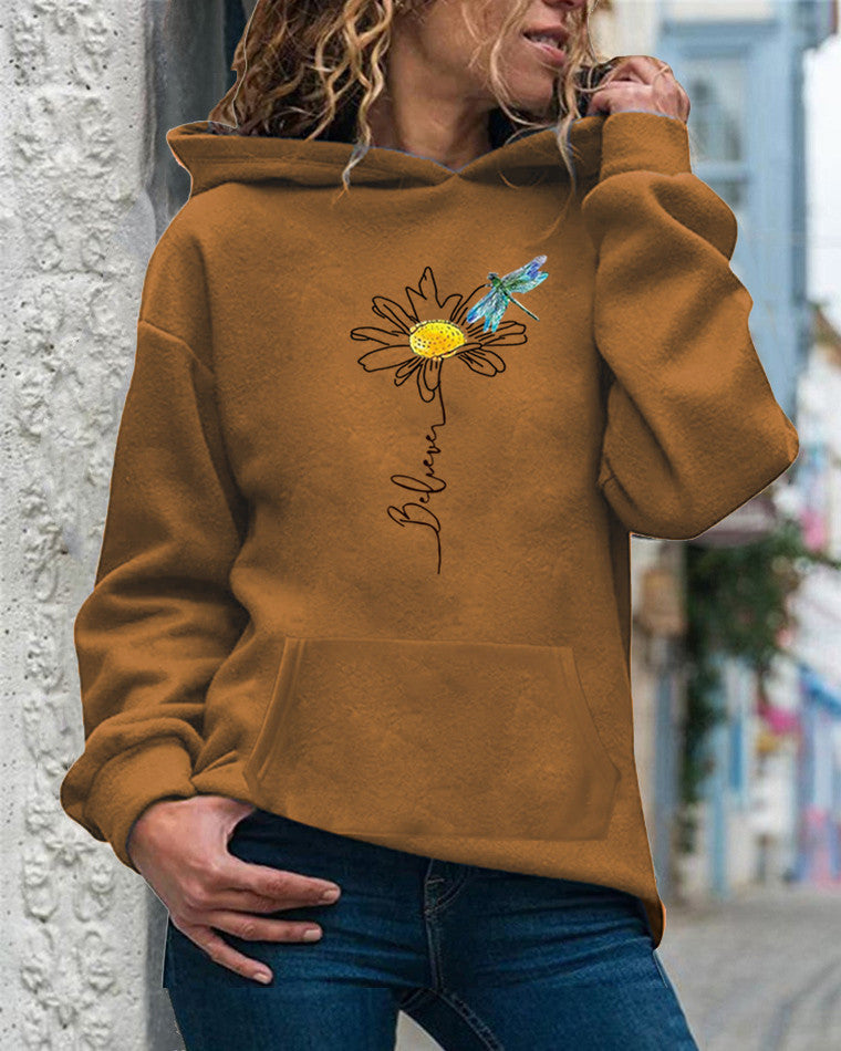 Women’s Hooded Sweatshirt – Relaxed Fit – Cotton – Sunflower Print – Long Sleeve