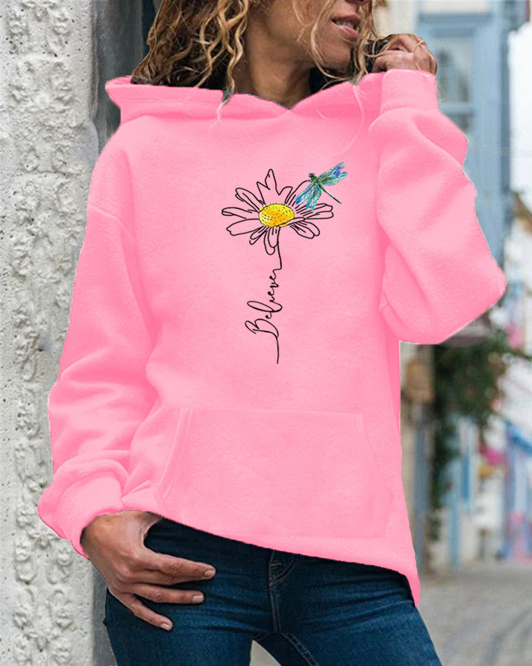 Women’s Hooded Sweatshirt – Relaxed Fit – Cotton – Sunflower Print – Long Sleeve