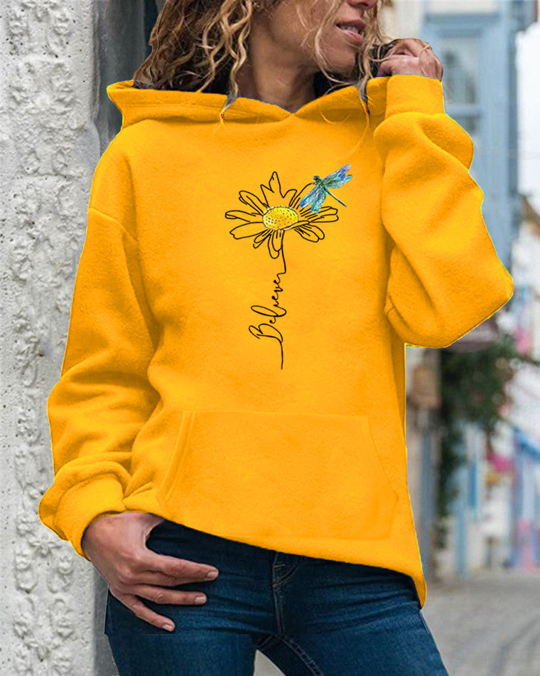 Women’s Hooded Sweatshirt – Relaxed Fit – Cotton – Sunflower Print – Long Sleeve