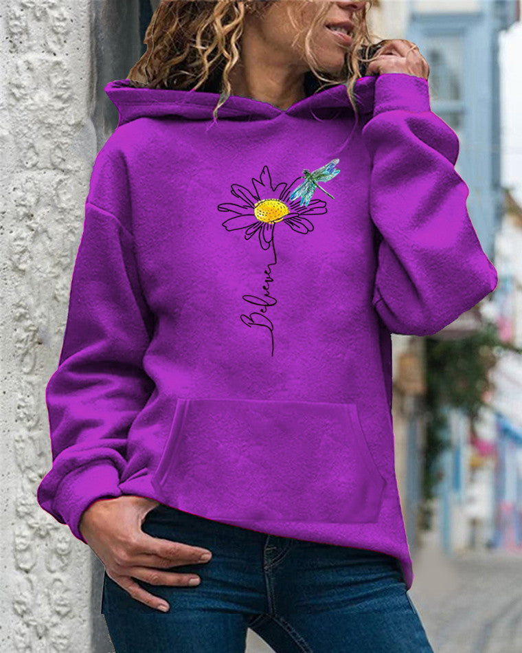 Women’s Hooded Sweatshirt – Relaxed Fit – Cotton – Sunflower Print – Long Sleeve