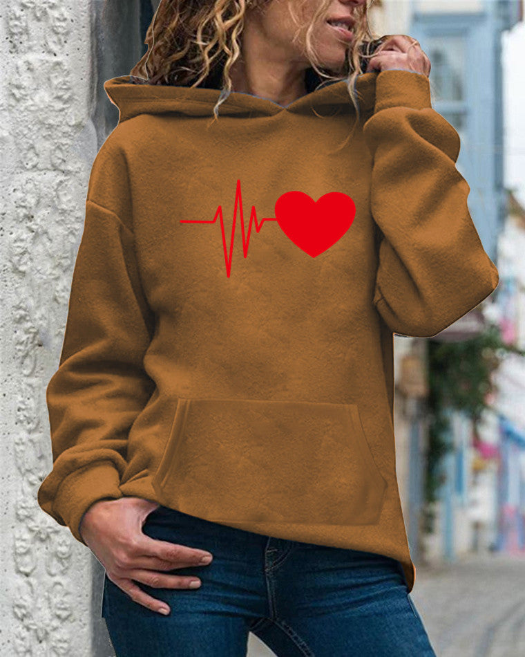 Women’s Hooded Sweatshirt – Cotton Blend – Relaxed Fit – Heart Print – Long Sleeve