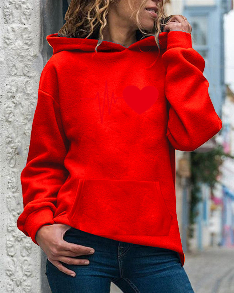 Women’s Hooded Sweatshirt – Cotton Blend – Relaxed Fit – Heart Print – Long Sleeve