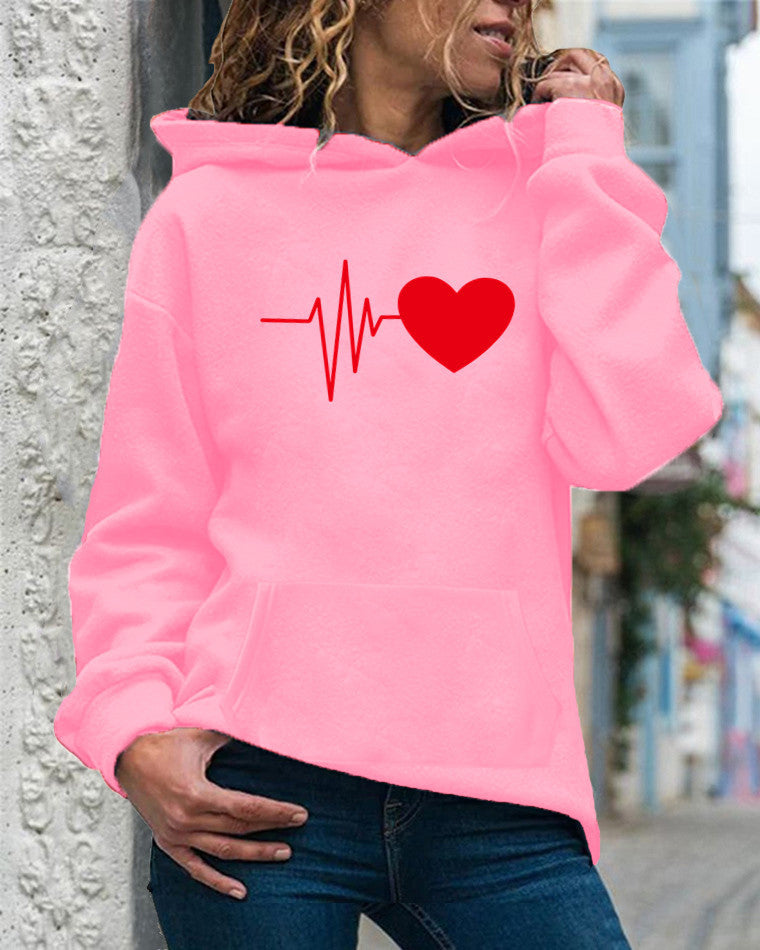 Women’s Hooded Sweatshirt – Cotton Blend – Relaxed Fit – Heart Print – Long Sleeve