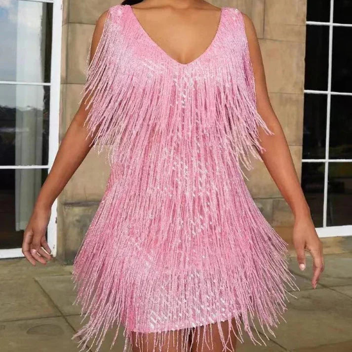 Women's Cocktail Dress - V-neck - Sleeveless - Sequins & Fringes - Fitted Short Model