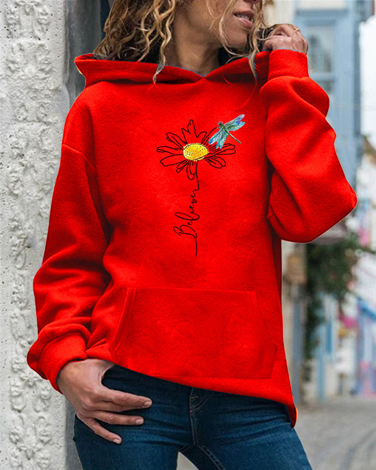 Women’s Hooded Sweatshirt – Relaxed Fit – Cotton – Sunflower Print – Long Sleeve