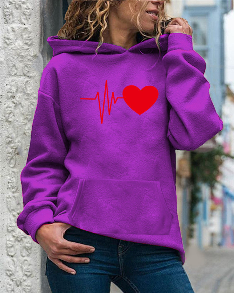 Women’s Hooded Sweatshirt – Cotton Blend – Relaxed Fit – Heart Print – Long Sleeve
