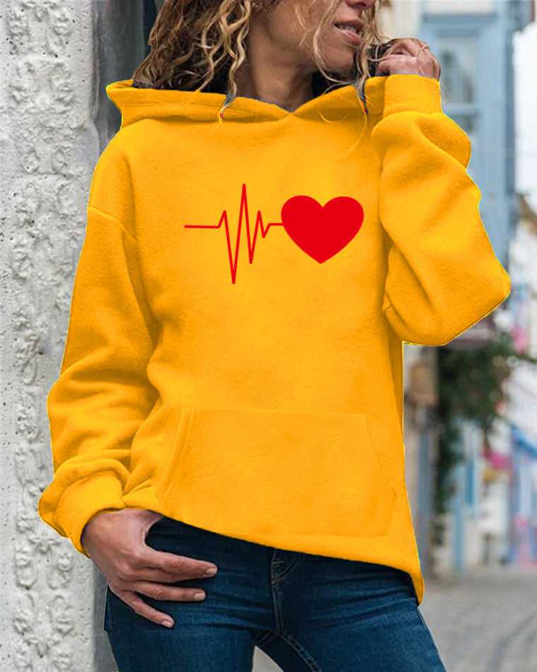 Women’s Hooded Sweatshirt – Cotton Blend – Relaxed Fit – Heart Print – Long Sleeve