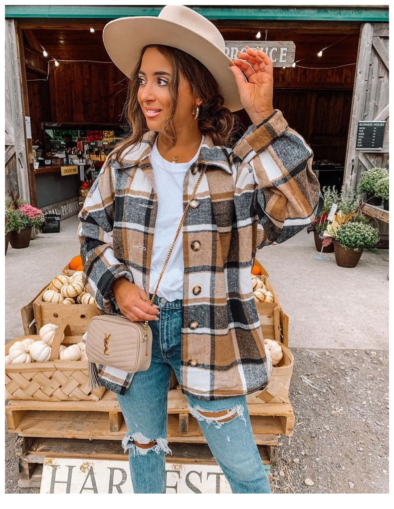 Women’s Wrap Blouse – Relaxed Fit – Flannel-Like Texture – Checkered – Button Front