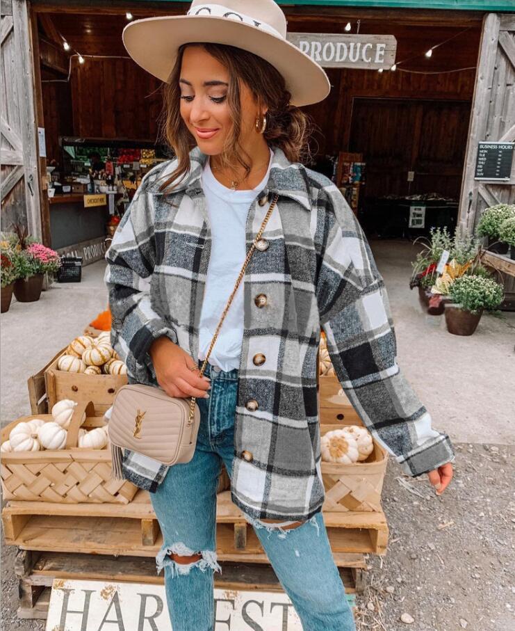 Women’s Wrap Blouse – Relaxed Fit – Flannel-Like Texture – Checkered – Button Front