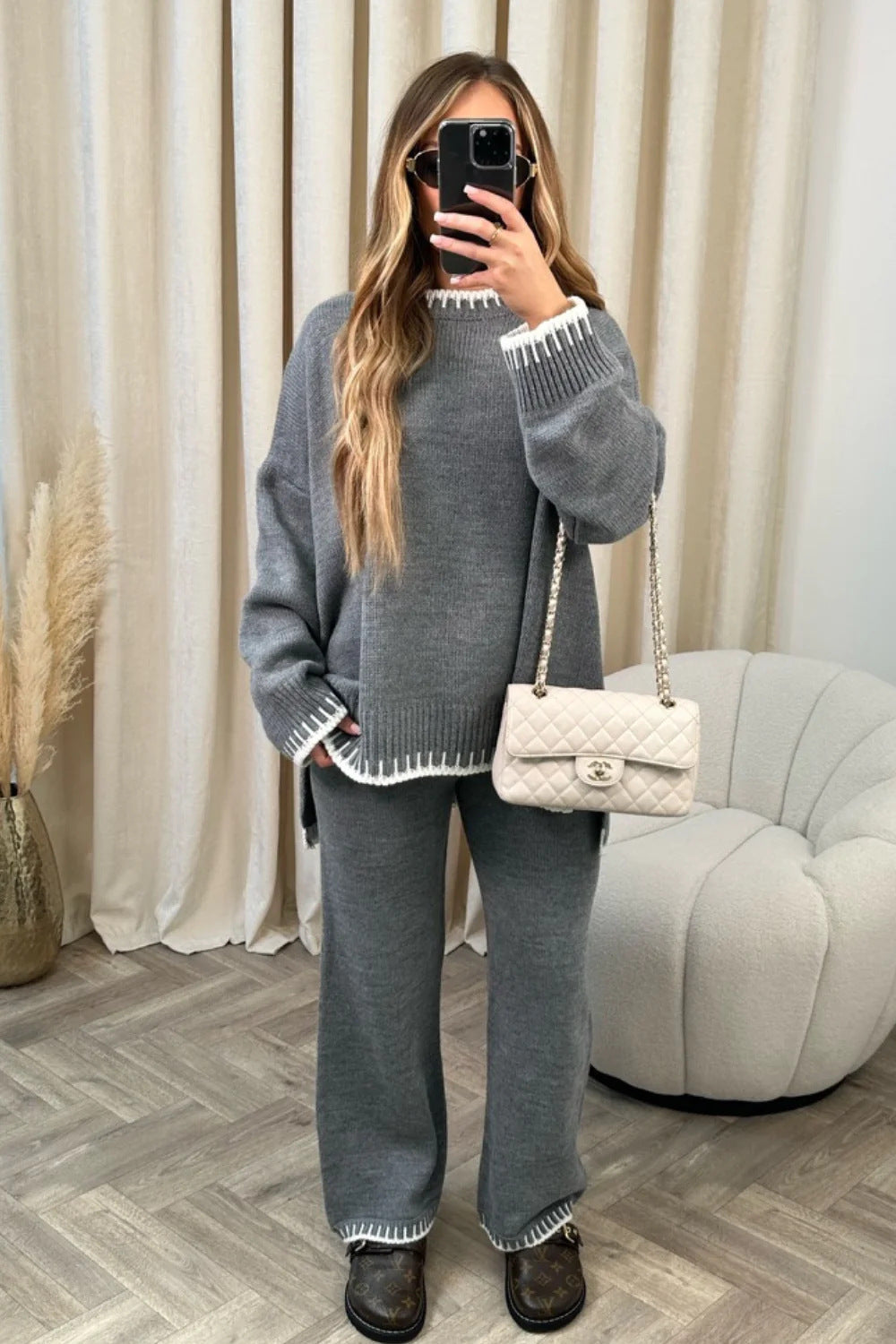 Women's knit two-piece set with sweater and pants
