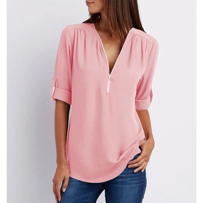Women's Zip-Up V-Neck Half Sleeve Blouse with Versatile Style and Easy Care - TrendAura