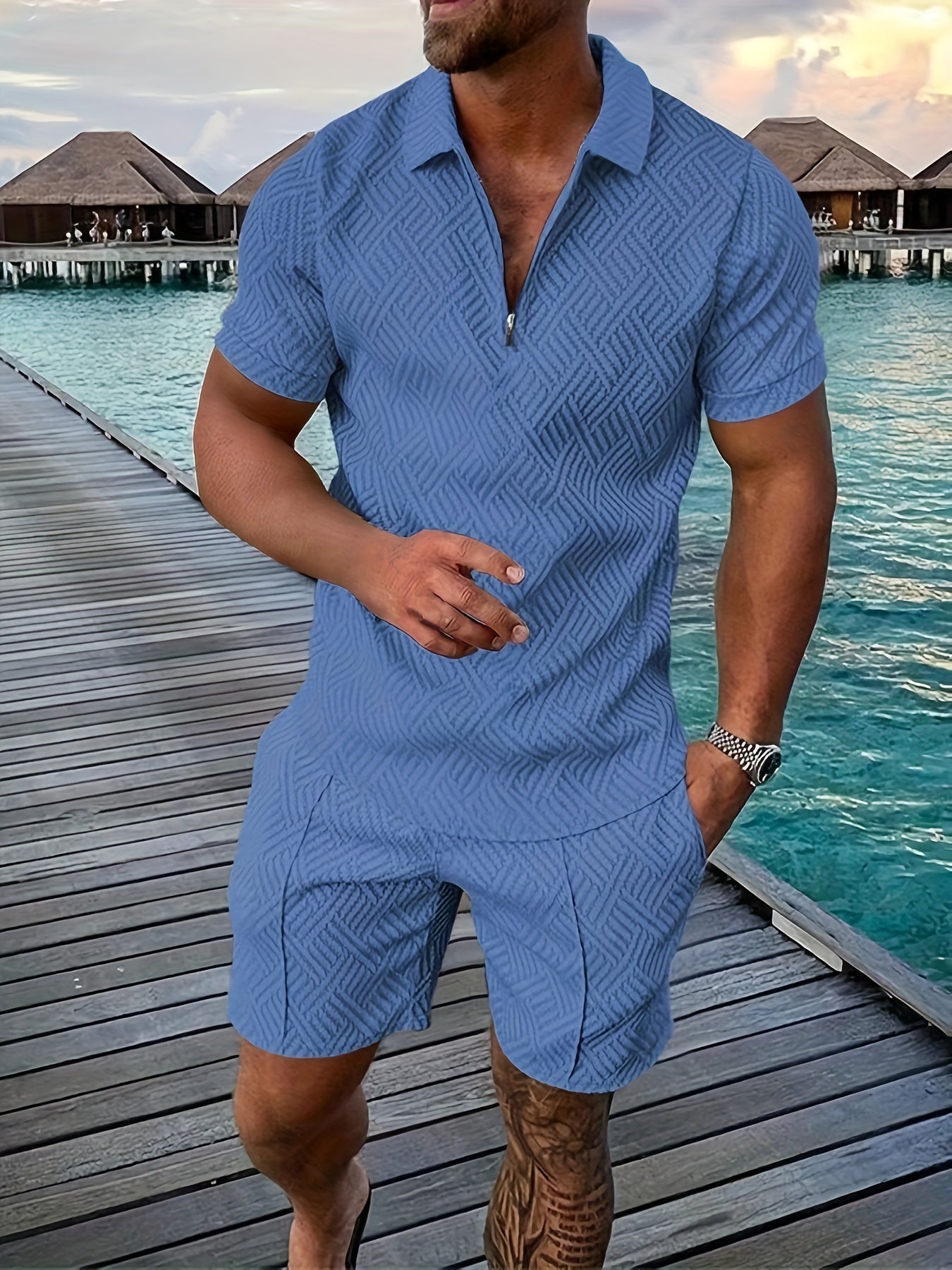 Men's Romper Breathable Cotton Blend Short Sleeve With Zipper Closure Geometric Design
