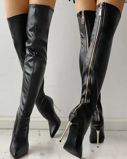 Kiara Over-the-Knee Boots With Gold Heel And Back Zipper Details For Bold Fashion Lovers