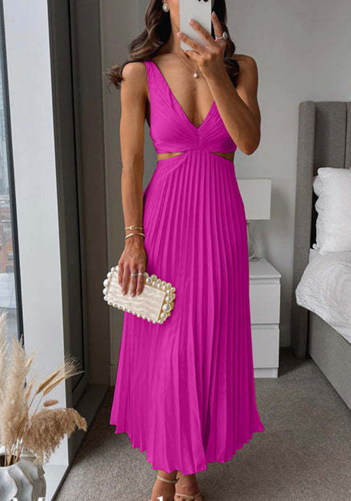 Women's Pleated Dress with Waist Cutout | Maxi