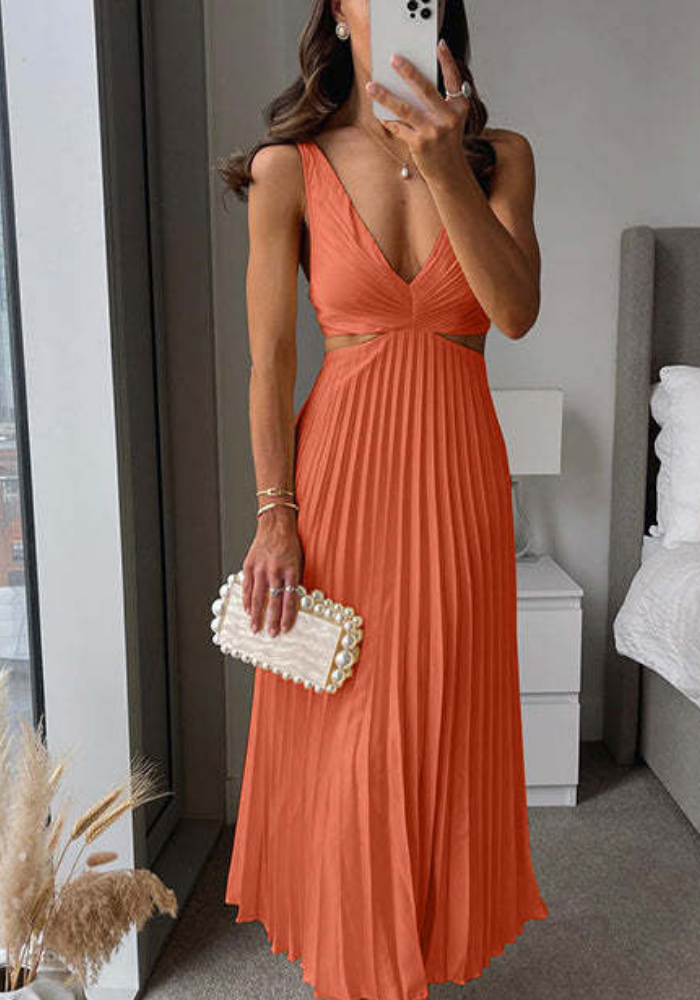 Women's Pleated Dress with Waist Cutout | Maxi